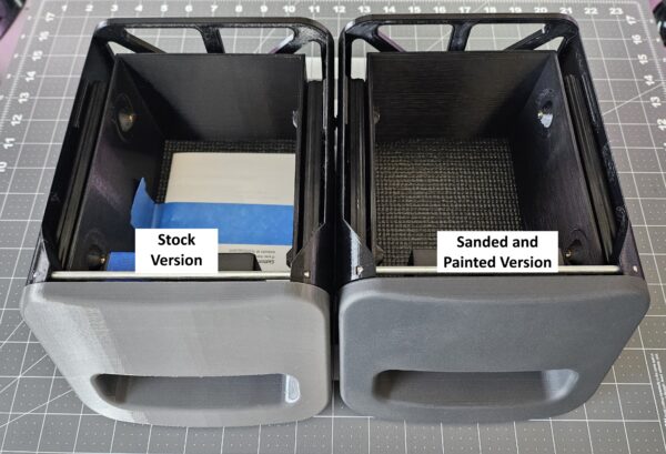 Comparison photo between the RCS Safe stock version versus the RCS Safe sanded and painted version.