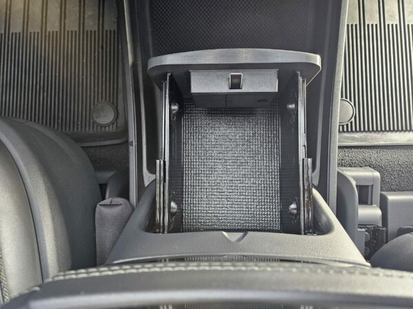 RCS Safe (stock version) installed in Rivian Camp Speaker console, in the opened position, top view