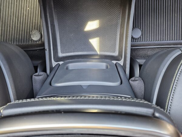 RCS Safe (sanded/painted version) installed in Rivian Camp Speaker console, in the closed position, top view