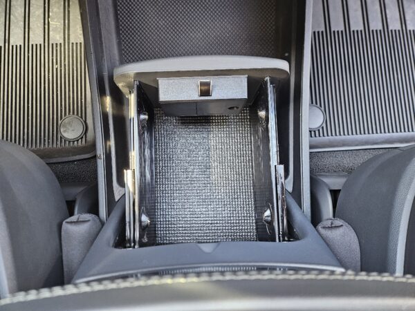 RCS Safe (sanded/painted version) installed in Rivian Camp Speaker console, in the opened position, top view